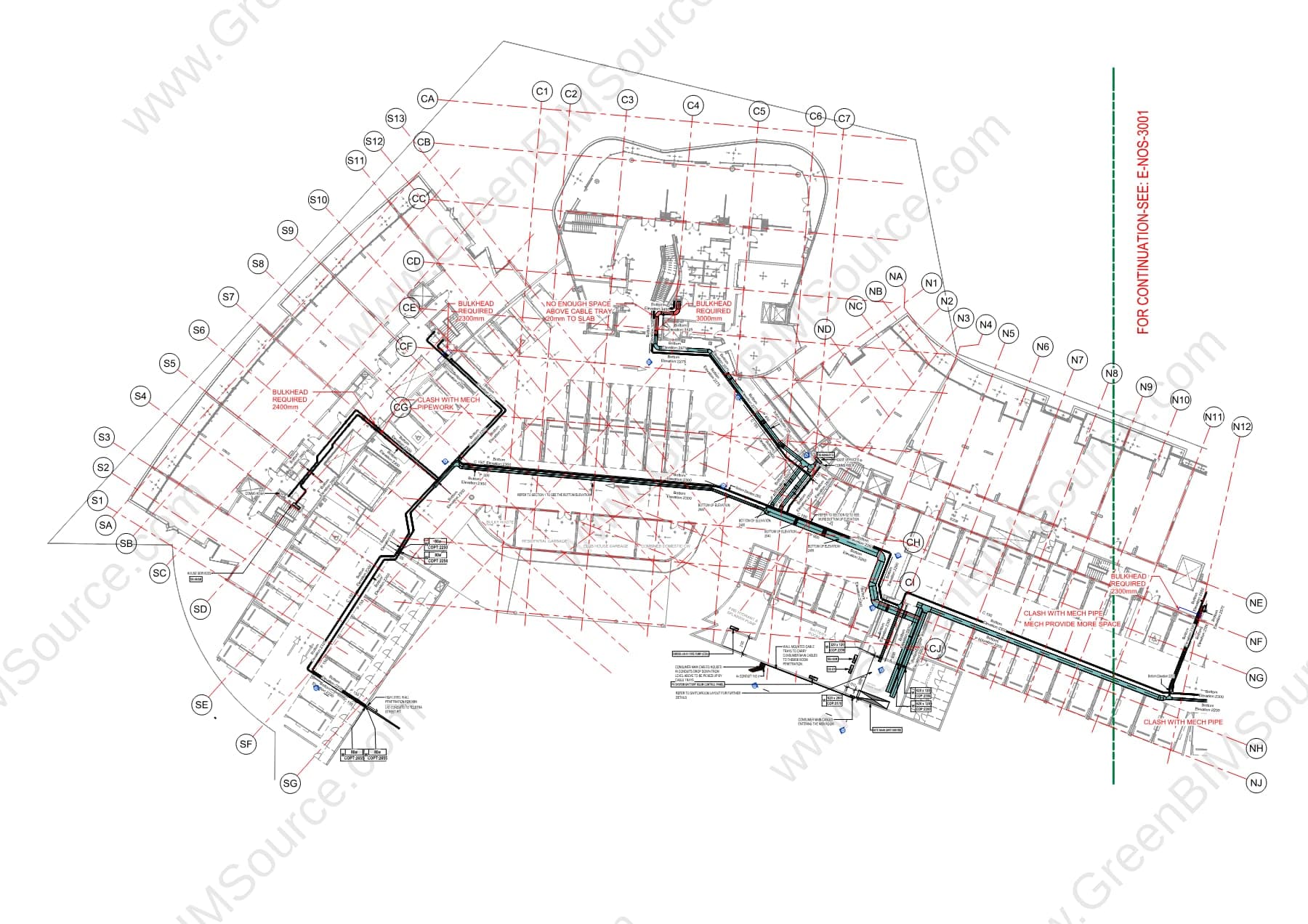 Cable tray routing plan for a commercial building with flagged clashes against mechanical piping and required bulkhead clearances