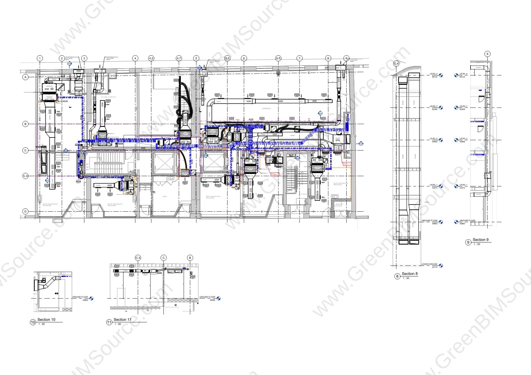 Revit mechanical ductwork routing plan for level 3 of a commercial building