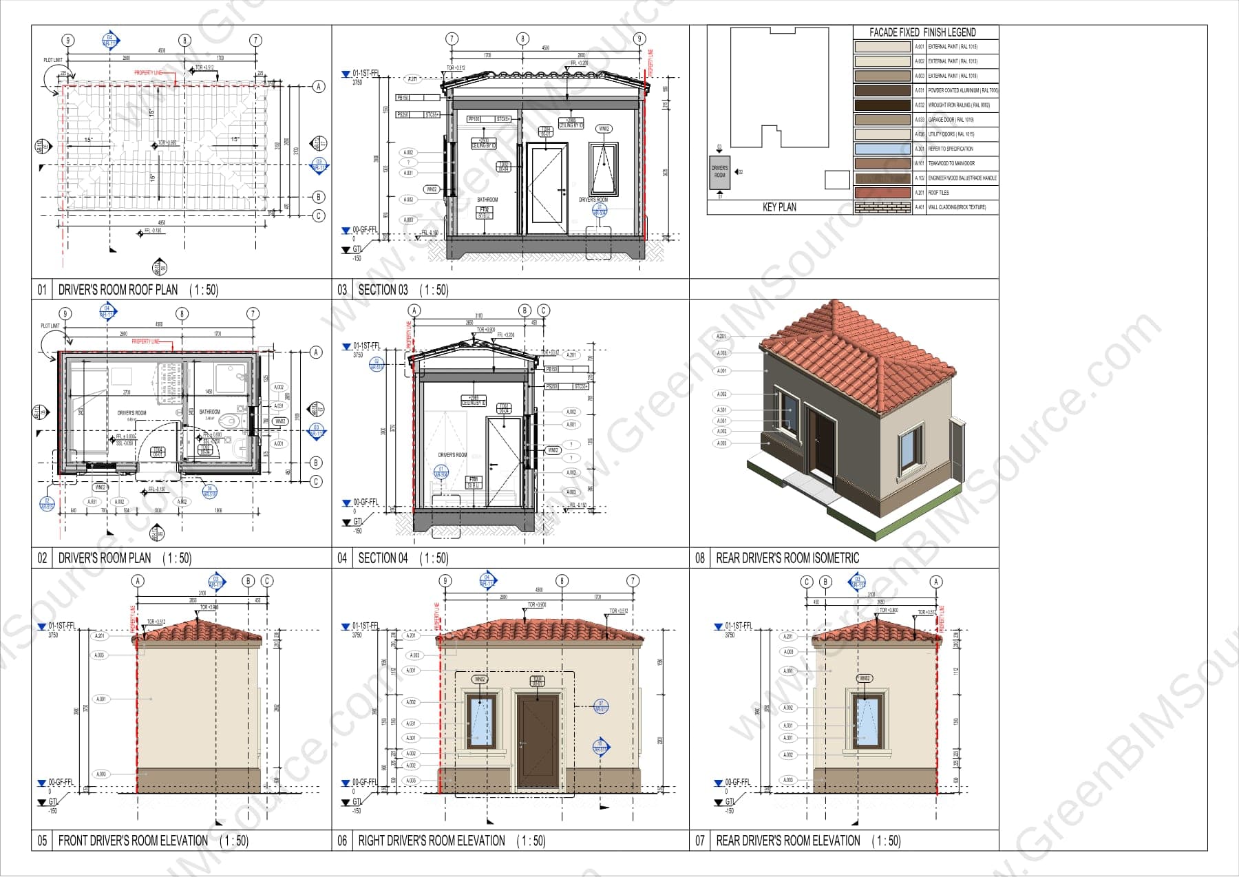 Revit plans, sections, and elevations for the driver's room ancillary building of a villa