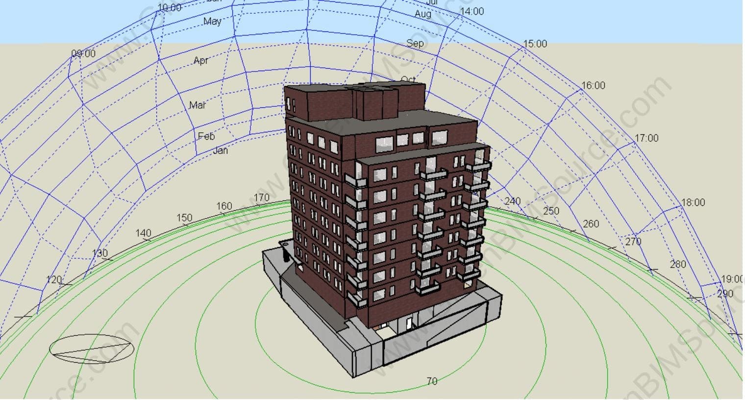 Sun-path diagram over a 3D DesignBuilder model of a multi-story brick residential building in Helsinki