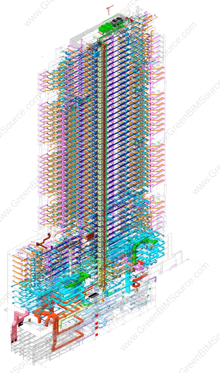 3D Revit mechanical model of a high-rise hotel tower showing full-height ductwork and pipework risers