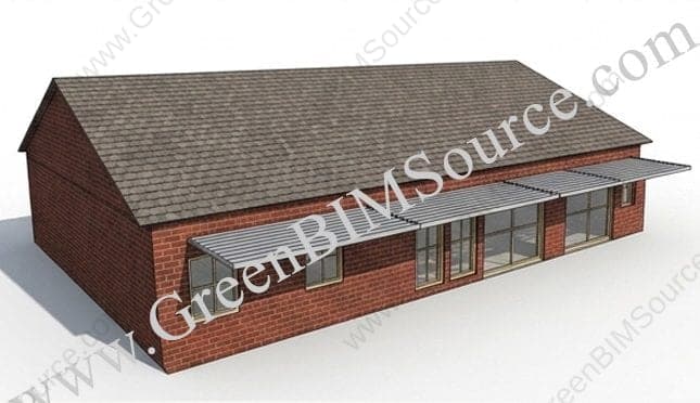 3D DesignBuilder model of a residential building with a 3.5 ft south-facing overhang, Kansas City, ASHRAE climate zone 4A