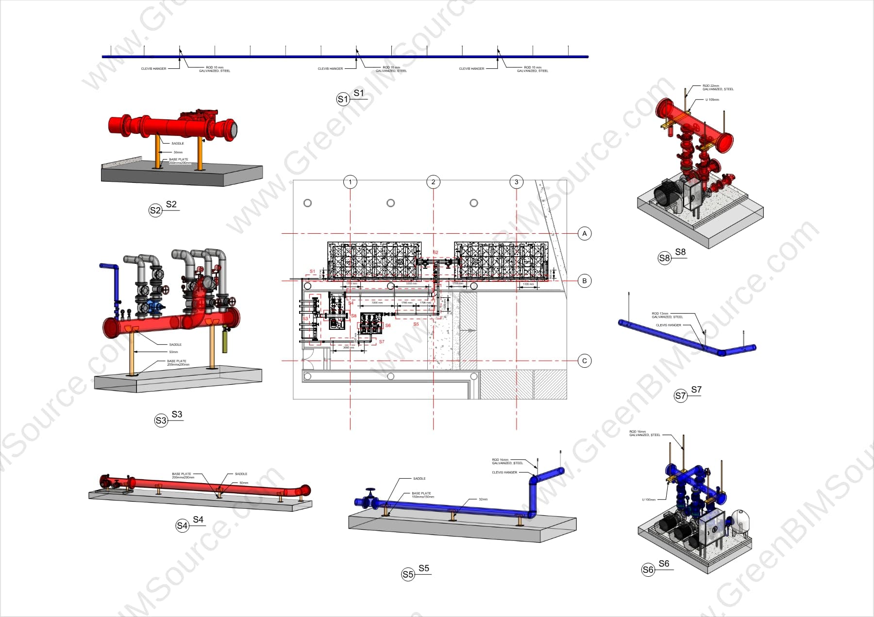 Pipe support standard details — clevis hangers, base plates, and saddle supports — referenced against the pump station equipment plan