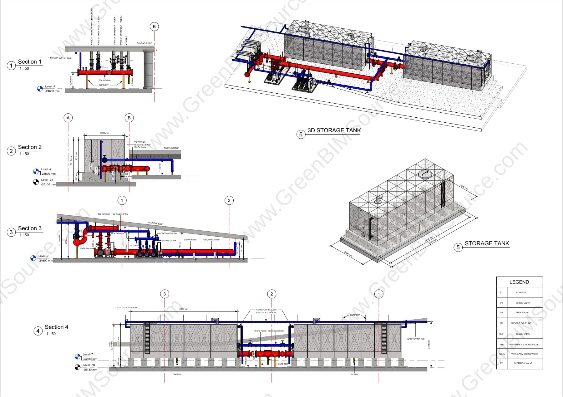 Building sections through an underground pump station showing fire protection risers and domestic cold water piping, alongside the modeled water storage tank