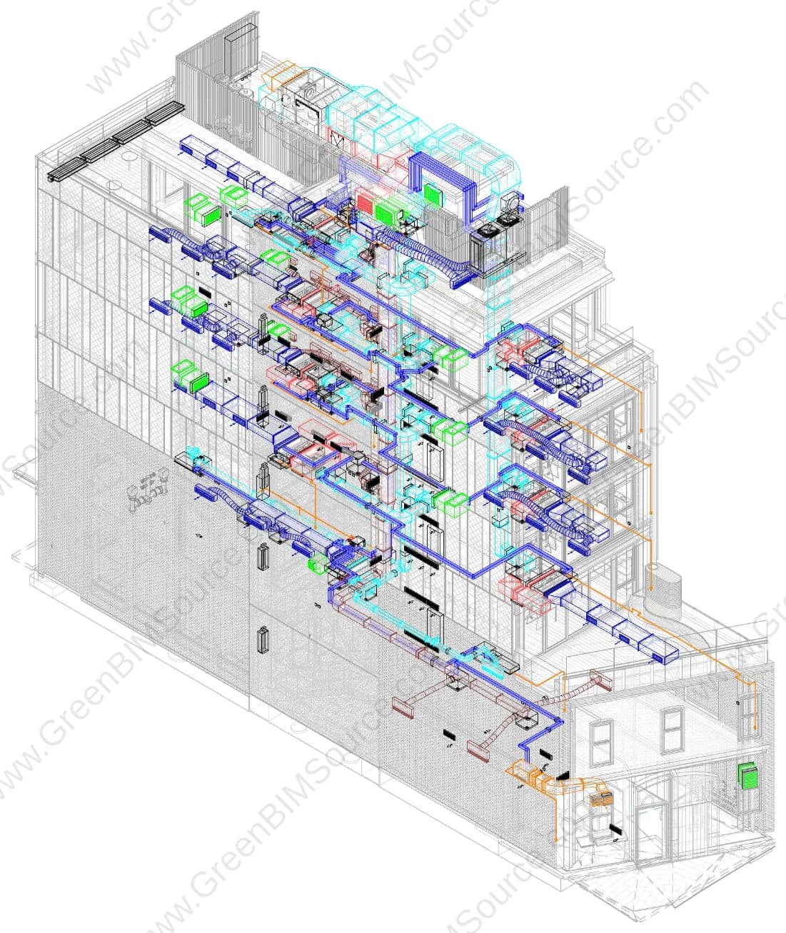 3D Revit mechanical model of a multi-level residential building showing ductwork and pipework routed through all floors