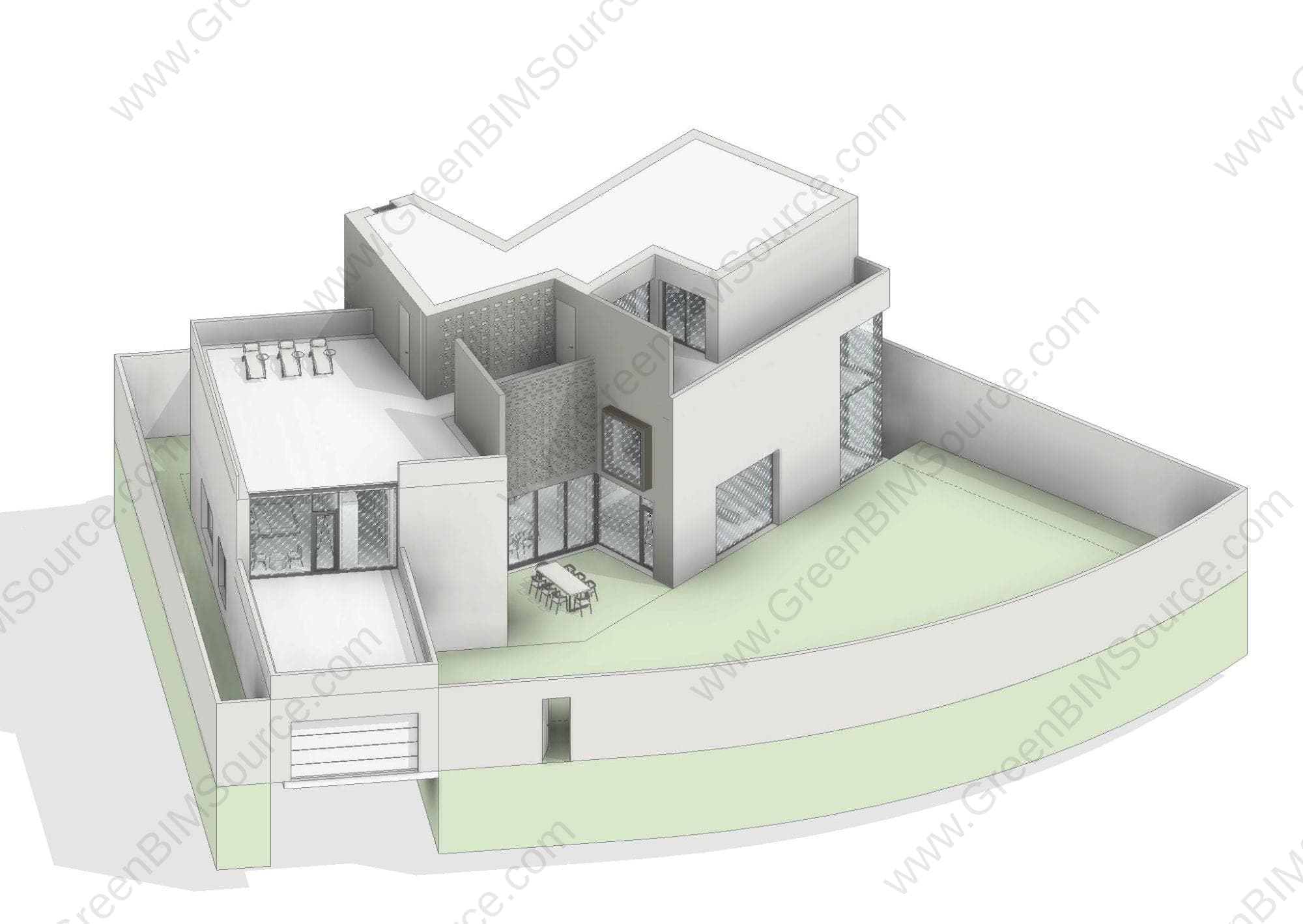 3D architectural render of a villa courtyard with perforated screens, dining area, and pool loungers