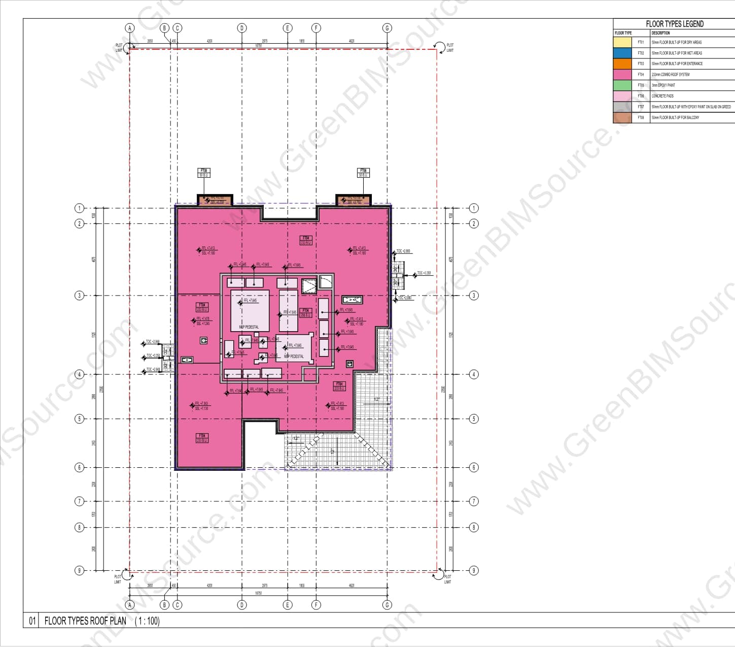 Revit roof type plan for a villa and townhouse development, color-coded by floor build-up