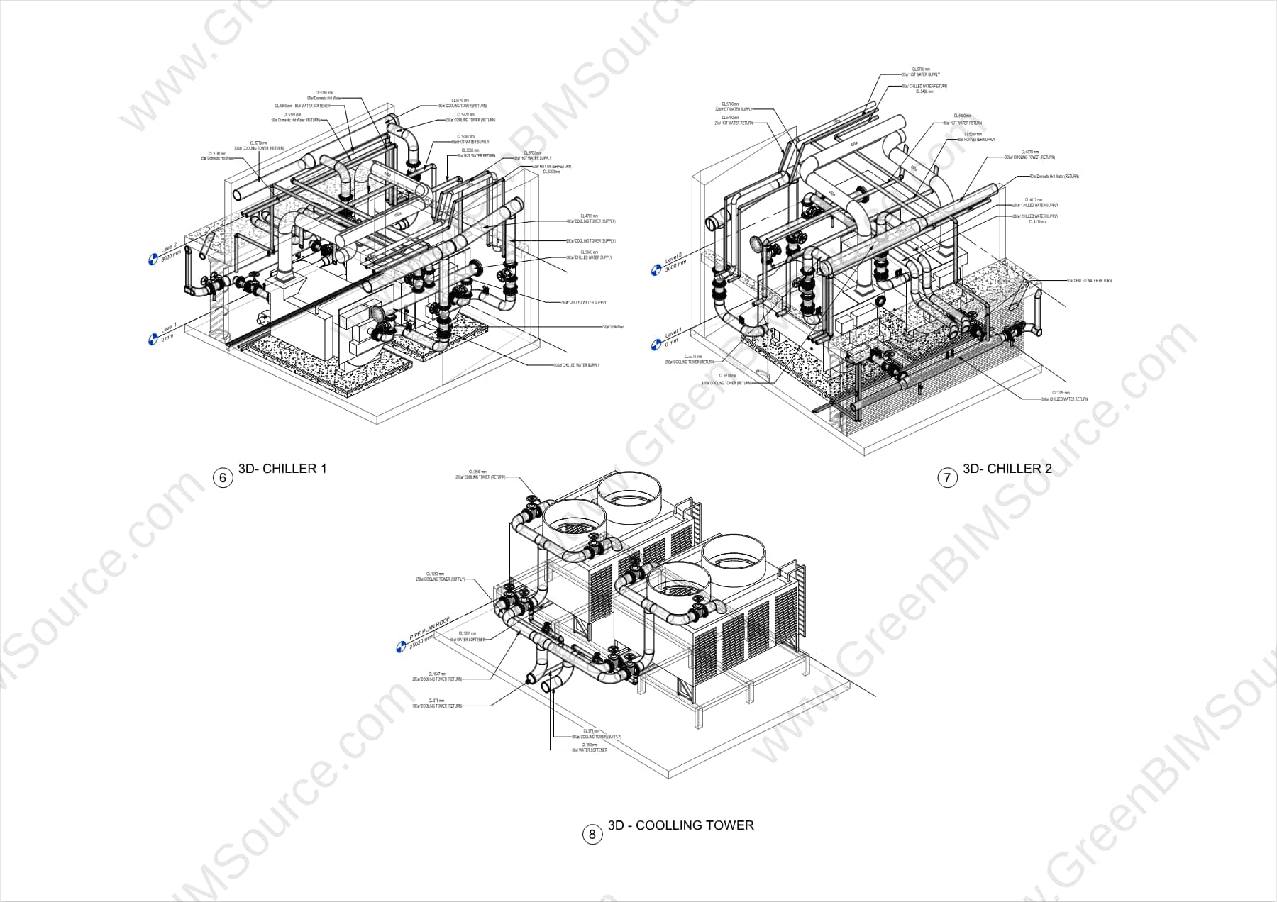 Section cuts through a central plant room's cooling tower and chiller equipment