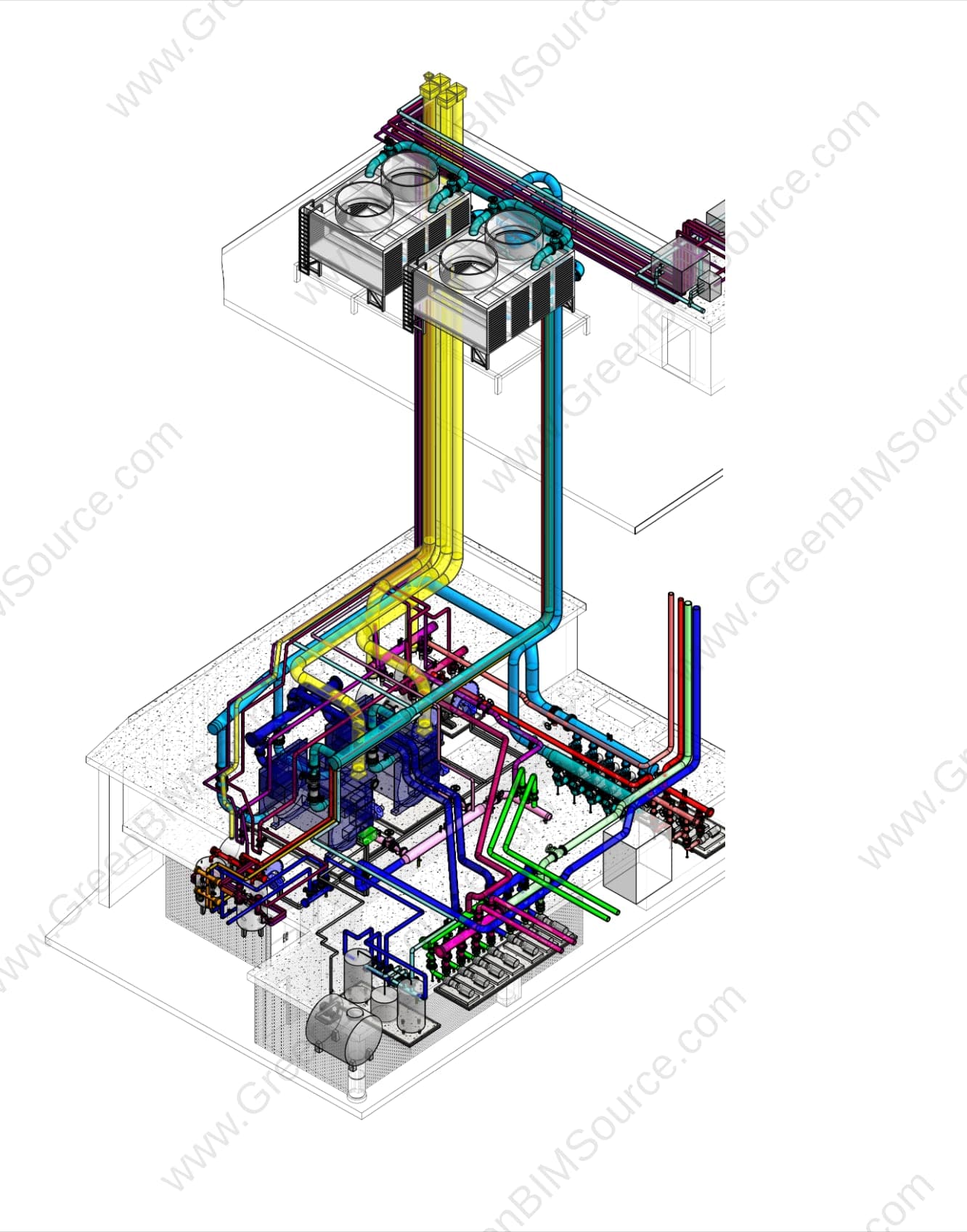 3D Revit mechanical model of a central plant room showing cooling towers, chillers, pumps, and pipework