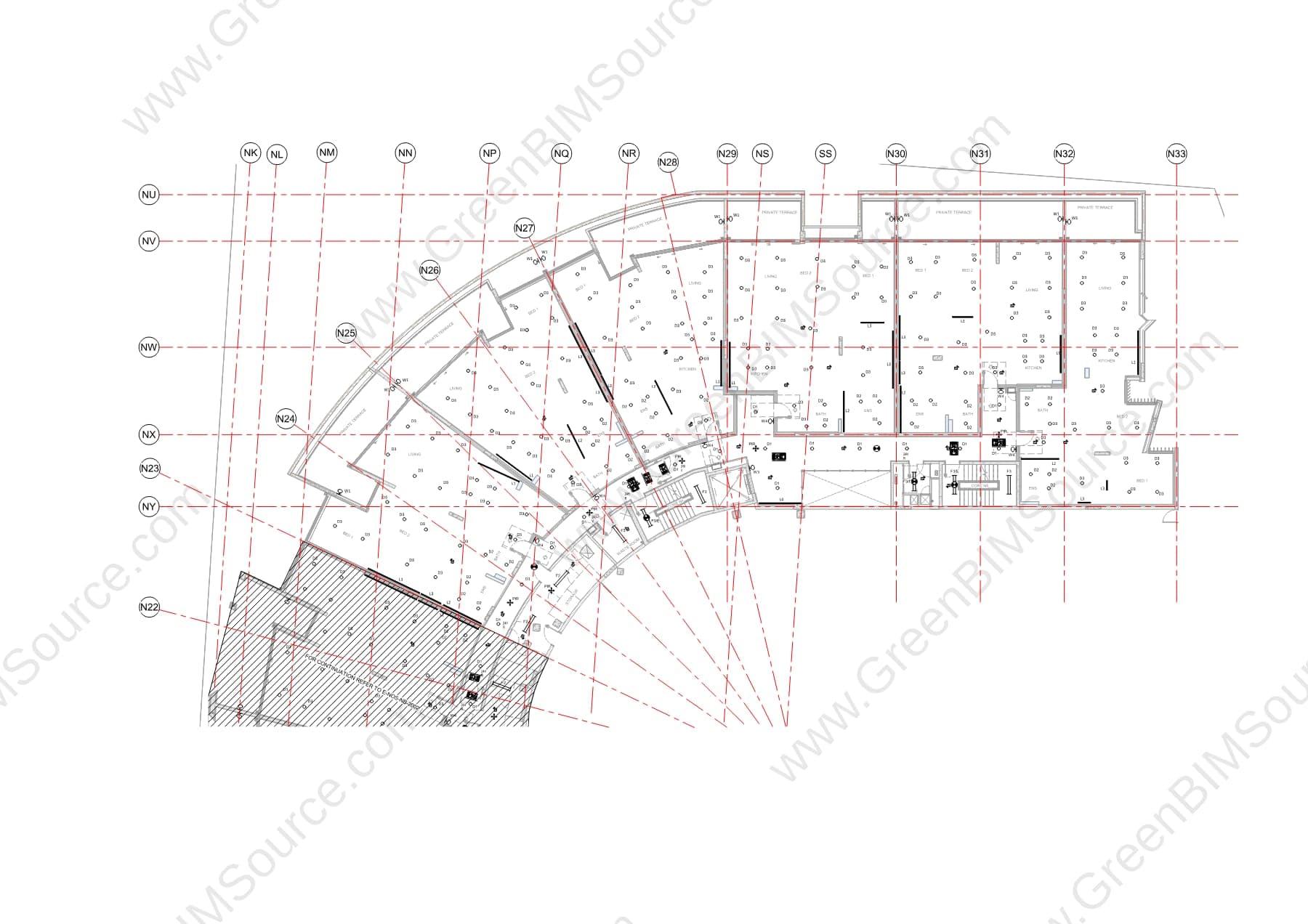 Electrical and lighting fixture layout plan across a block of residential units in a commercial building, showing outlets, lighting circuits, and PIR sensors