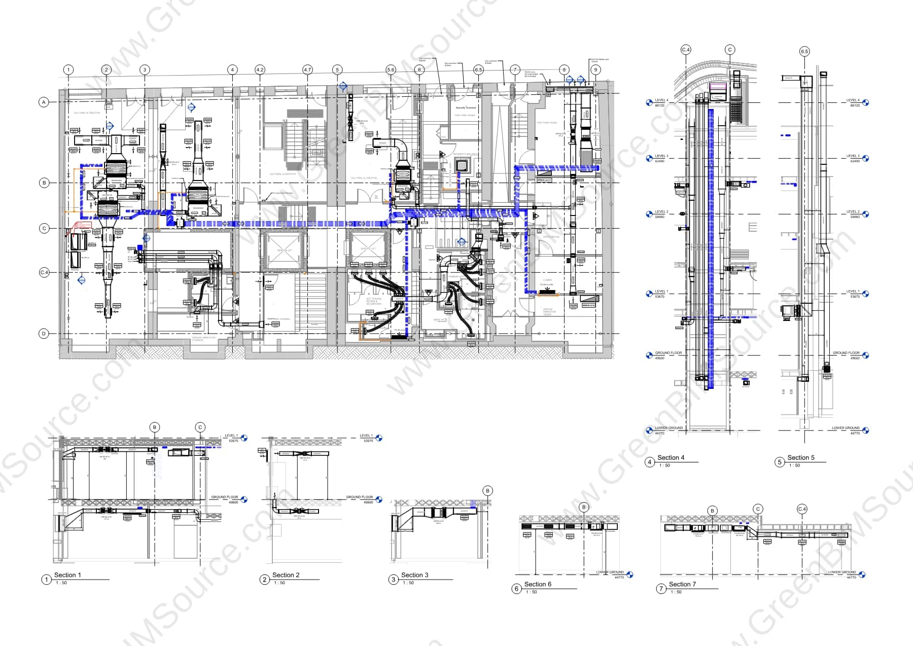 Revit mechanical ductwork routing plan for level 2 of a commercial building