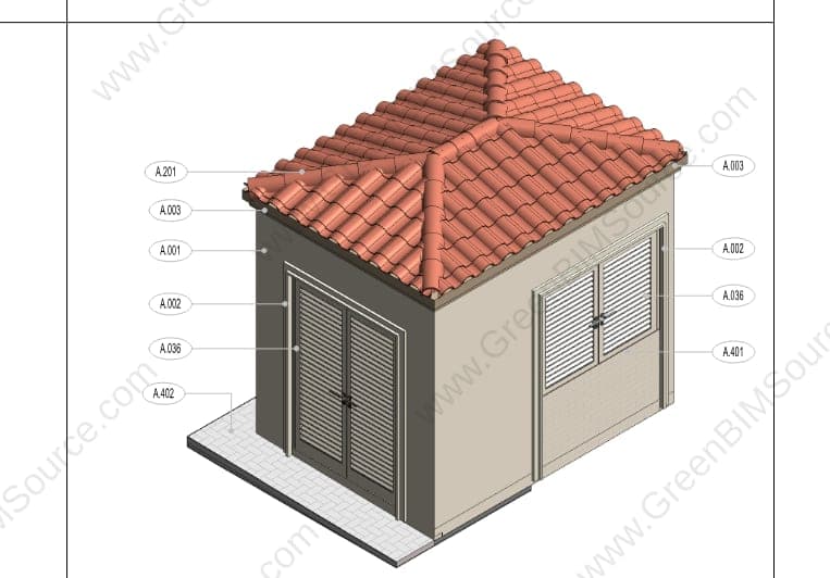 3D Revit architectural model of a tile-roofed ancillary building on a five-bedroom villa site