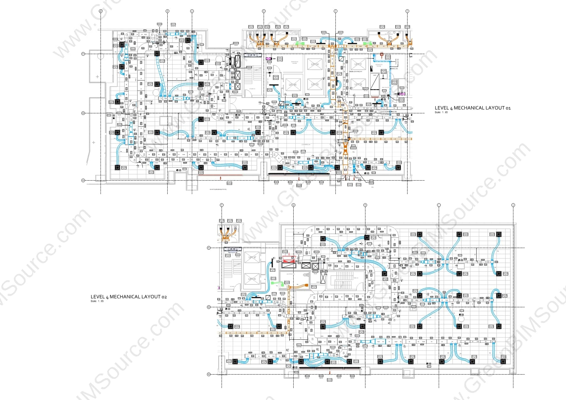 Revit mechanical ductwork layout for level 4 of a high-rise hotel