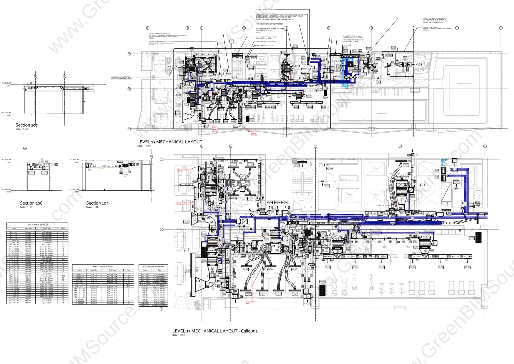 Revit mechanical ductwork layout detail for an adjacent level of a high-rise hotel