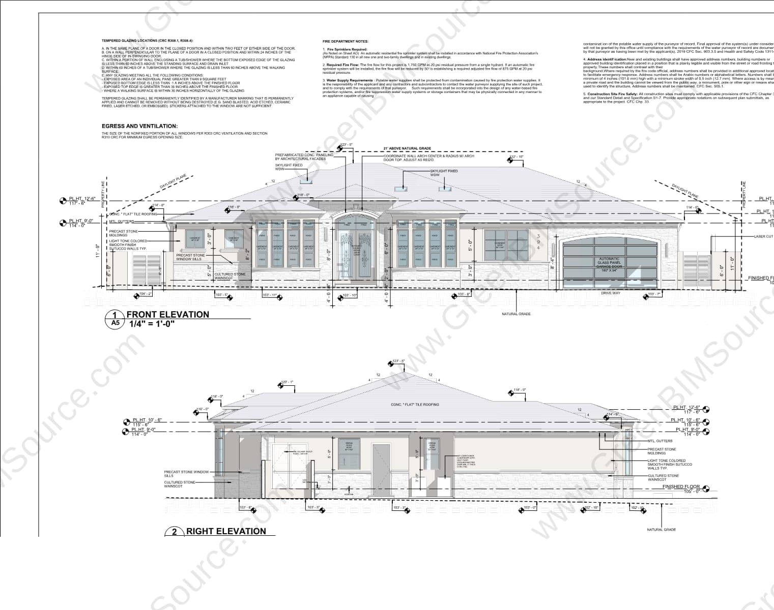 Revit front and right elevations of a Mediterranean-style custom residence with tile roofing and stucco walls