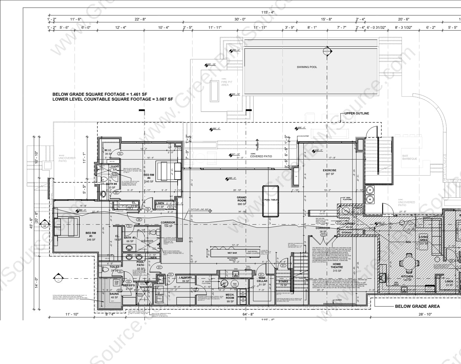 Revit lower floor plan for a modern luxury residence including home theatre, exercise room, wine cellar, and ADU