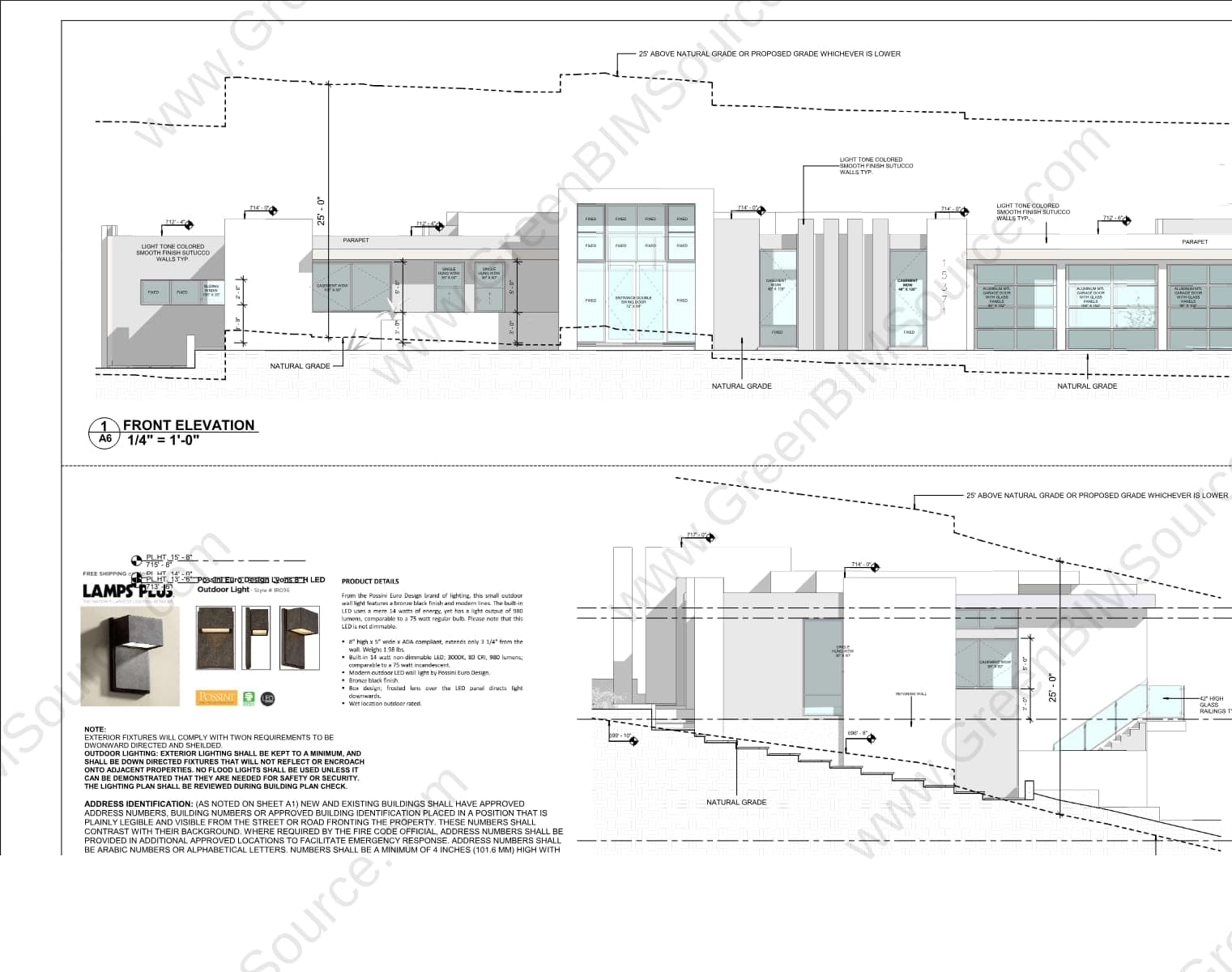 Revit front and right elevations of a modern luxury residence with a stucco-and-glass facade