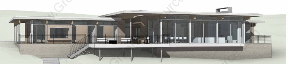 3D architectural render of a modern lakeside cottage with a covered deck and operable roof skylights