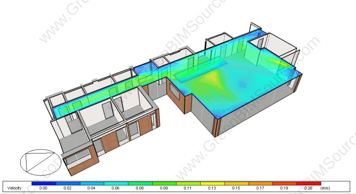 CFD airflow velocity visualization showing night-time stack ventilation through operable skylights