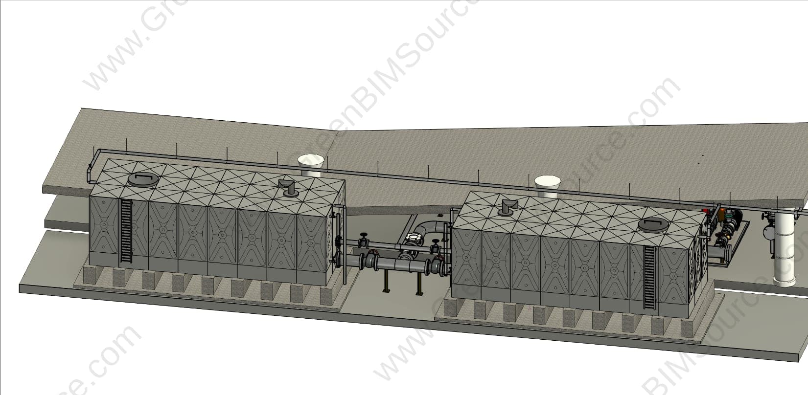 3D Revit mechanical model of an underground pump station showing fire protection and domestic water equipment, pipework, and storage tanks