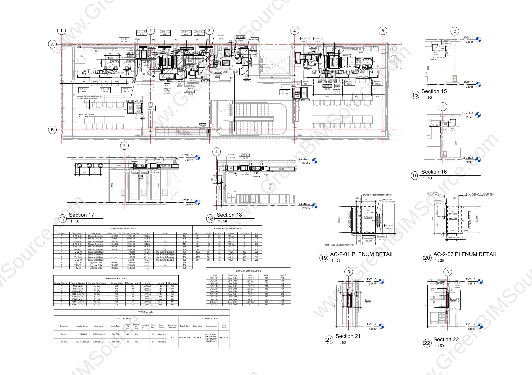 Mechanical floor plan with ductwork routing, diffuser and damper schedules, and AC unit plenum detail sections