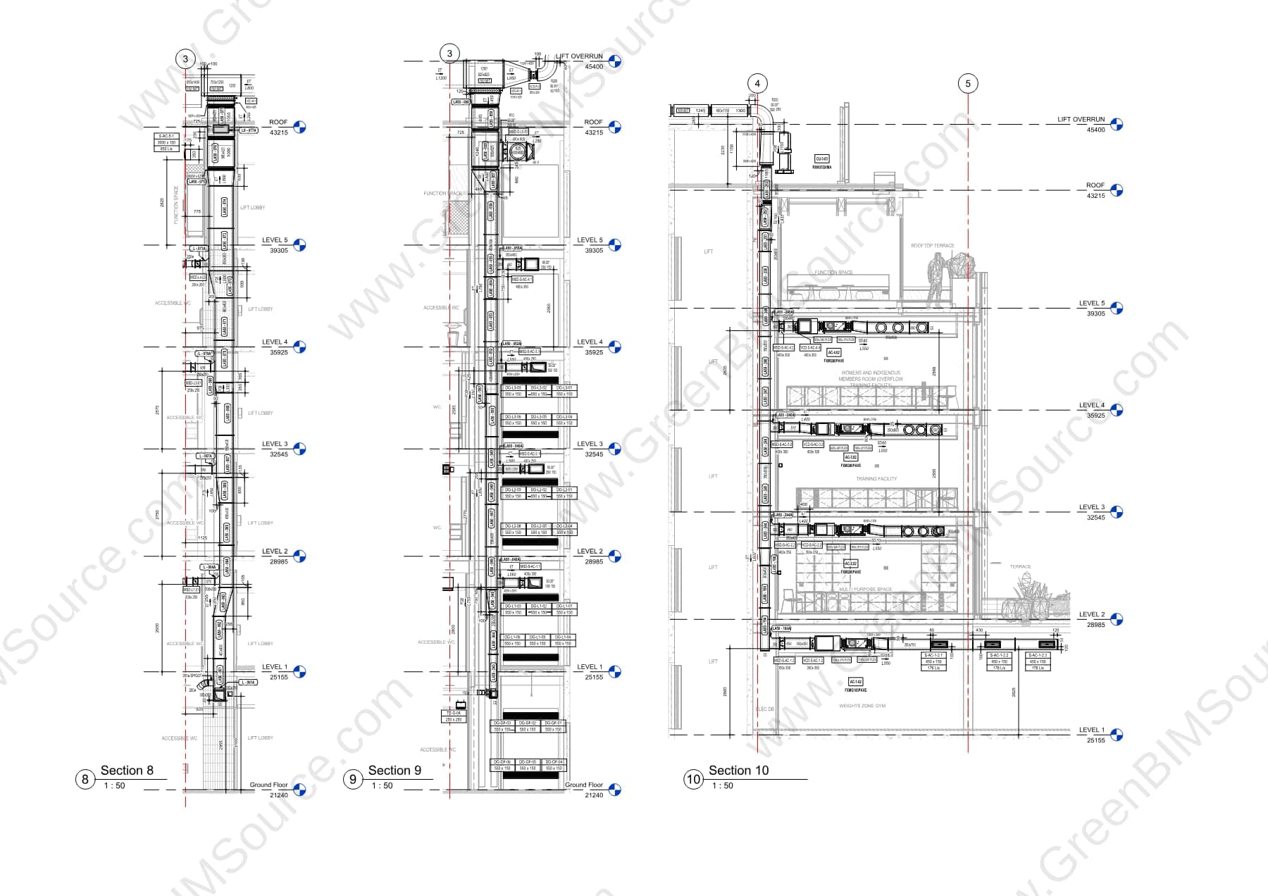 Building sections showing mechanical duct and pipe risers routed through multiple levels of a residential building, from ground floor to roof