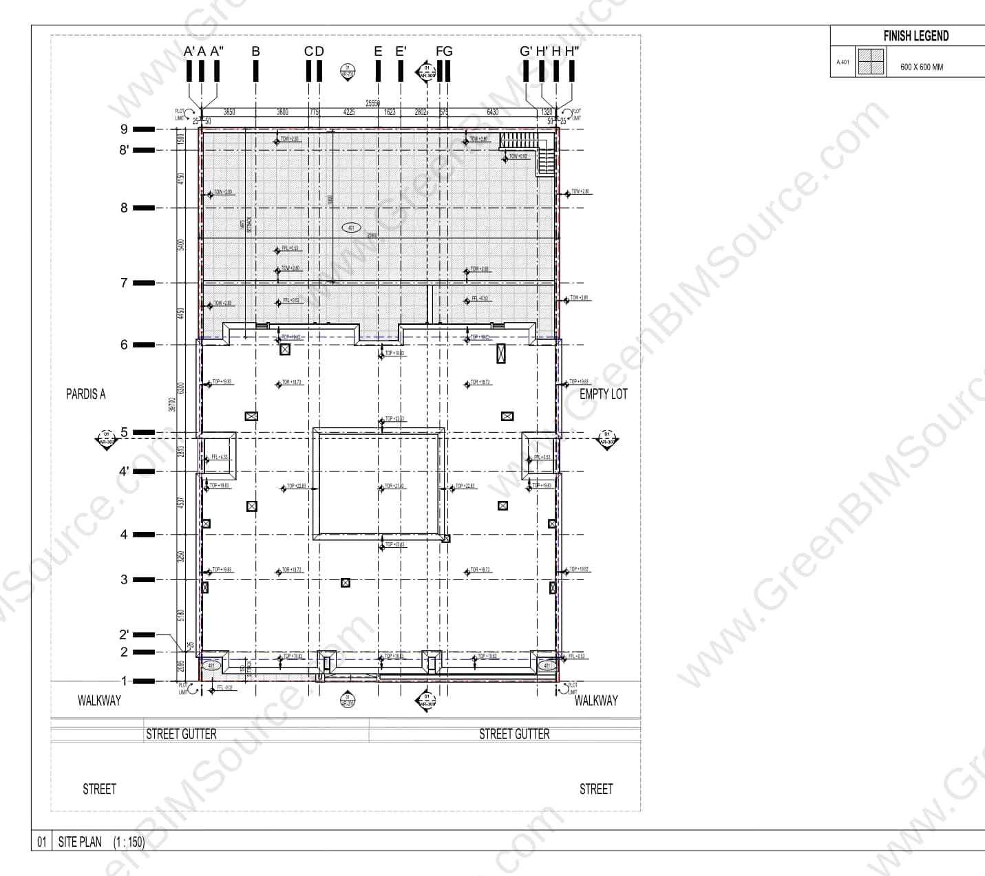 Revit site plan for a multi-unit residential complex showing the building footprint and surrounding walkways