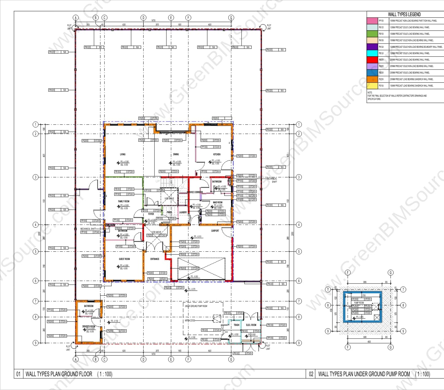 Revit precast wall types plan for the ground floor and underground pump room of a villa and townhouse development